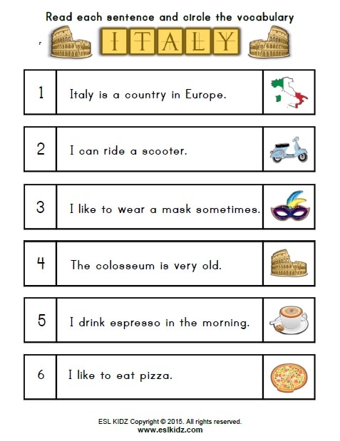 Printable Italian Activities For Kids With Pictures E